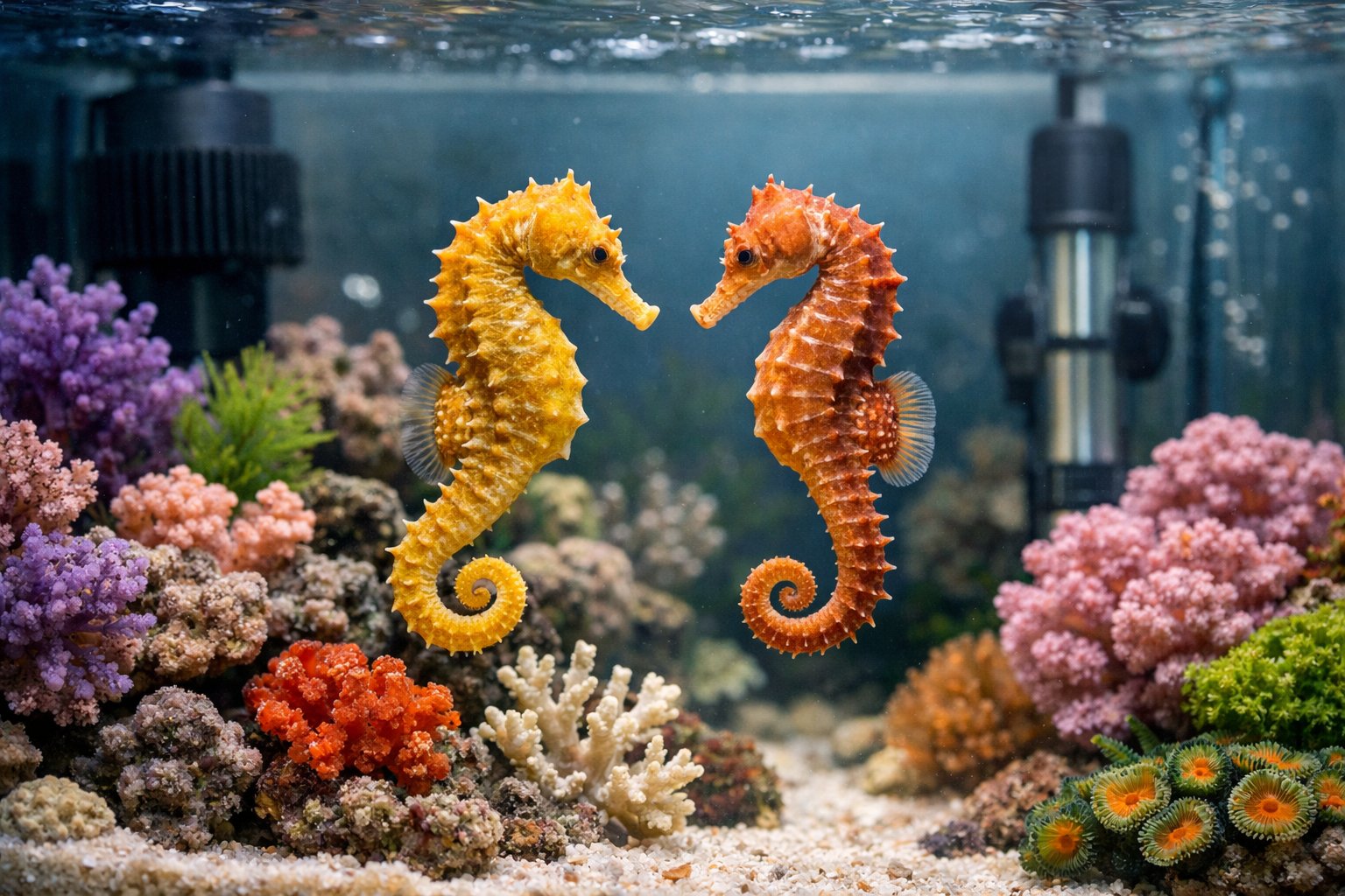 Two seahorses swimming in a clean, well-lit aquarium with coral and aquatic plants.