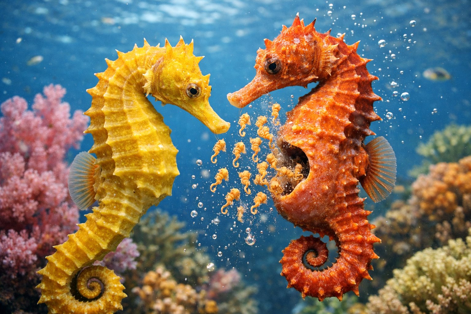 Two seahorses underwater near a coral reef, with one seahorse releasing tiny baby seahorses into the water.