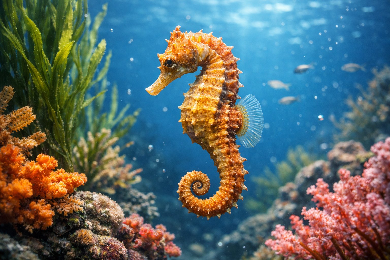 A seahorse floating slowly near coral reefs and seaweed underwater.