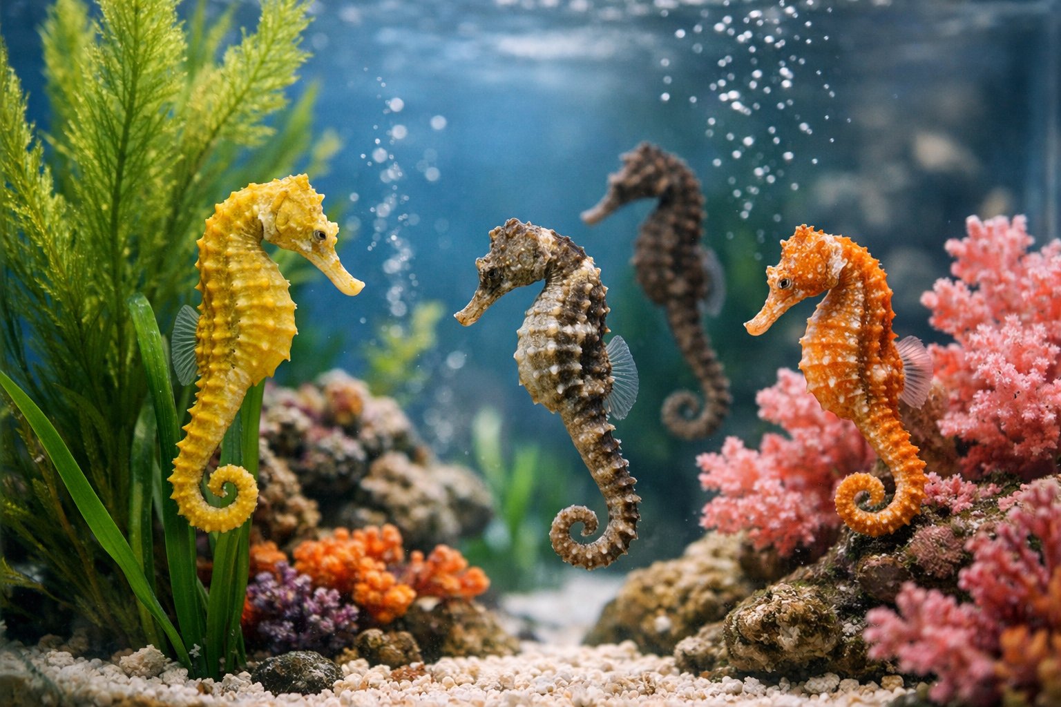 Several seahorses floating in a clear aquarium with aquatic plants and coral.