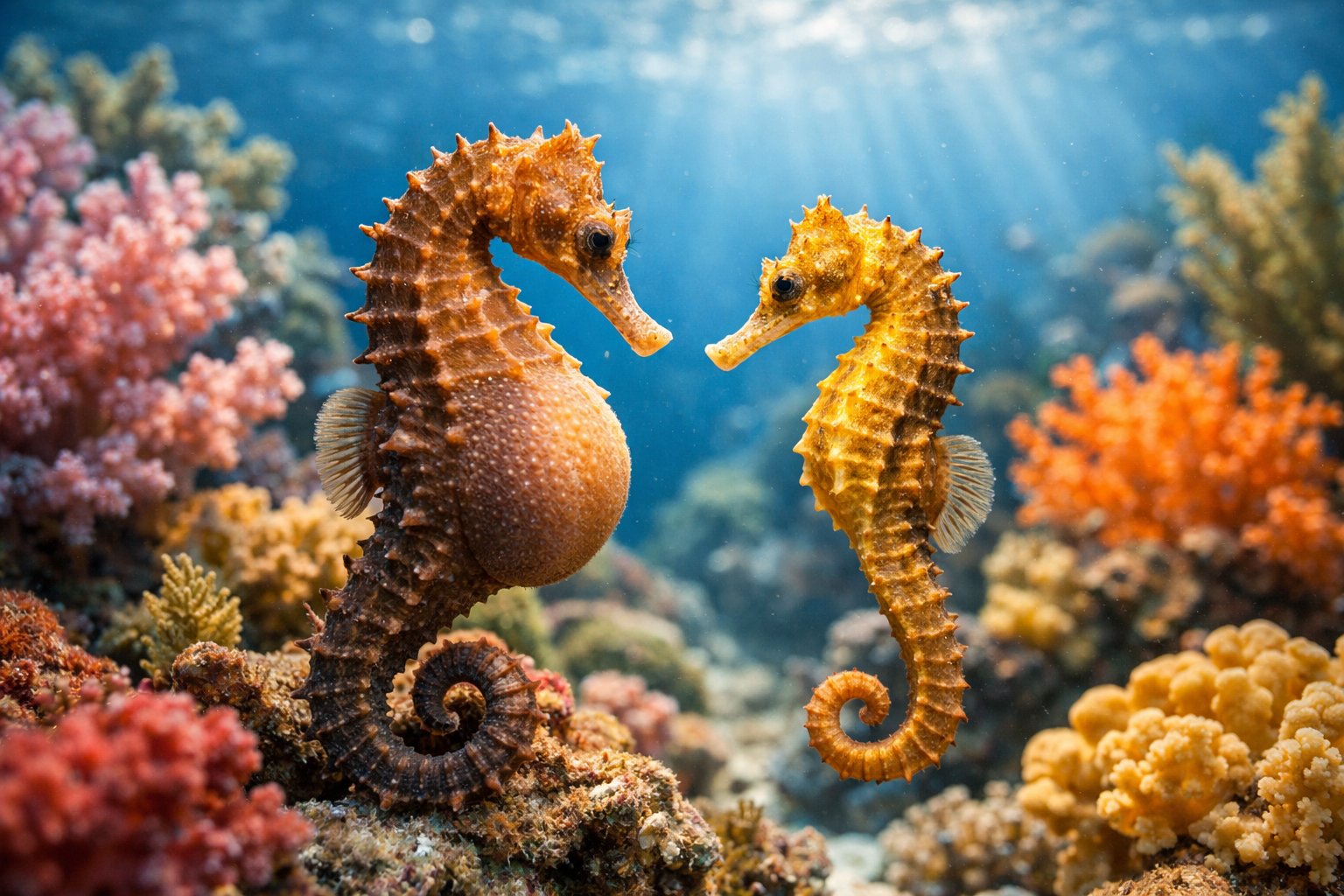 Two seahorses facing each other underwater among colorful coral and sea plants.