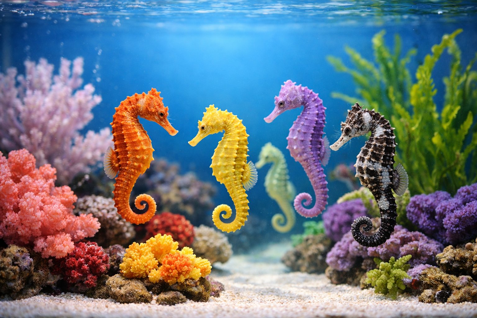 Several colorful sea horses floating in a clear aquarium with coral and aquatic plants.