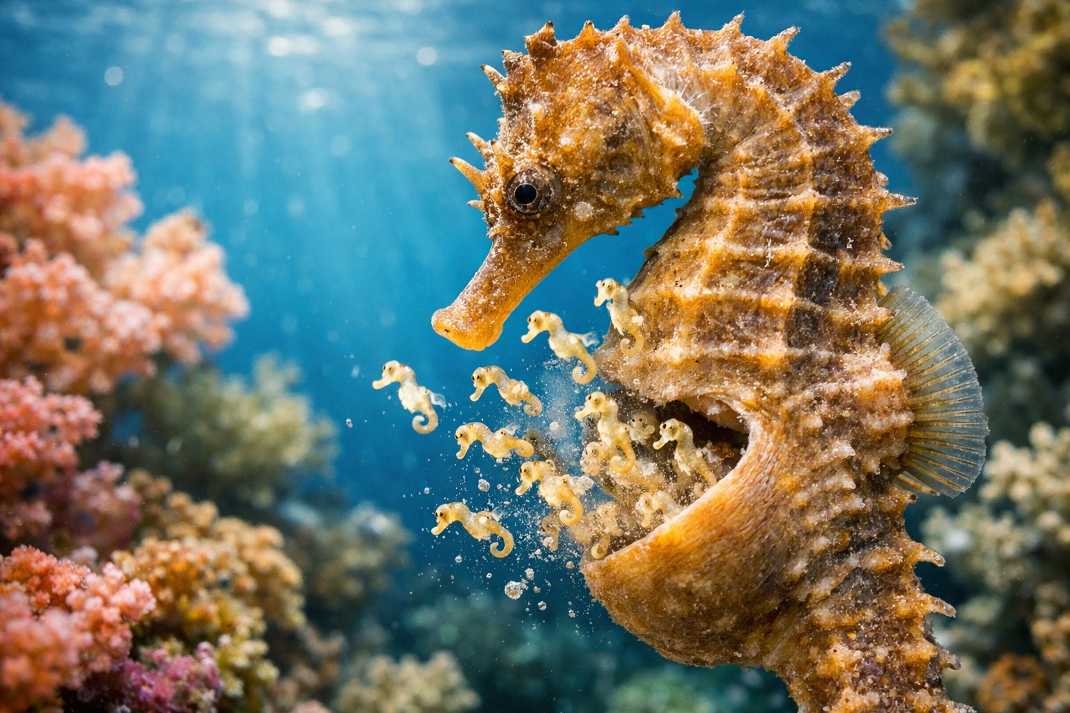 Close-up underwater image of a male seahorse carrying baby seahorses in its pouch among coral reefs.