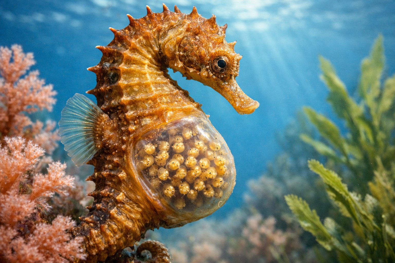 Close-up of a male seahorse carrying embryos in its brood pouch underwater among coral and seaweed.