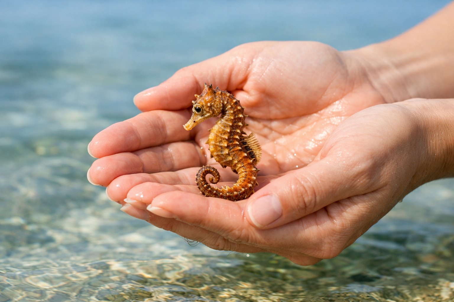 A person gently holding a small seahorse above clear shallow water.