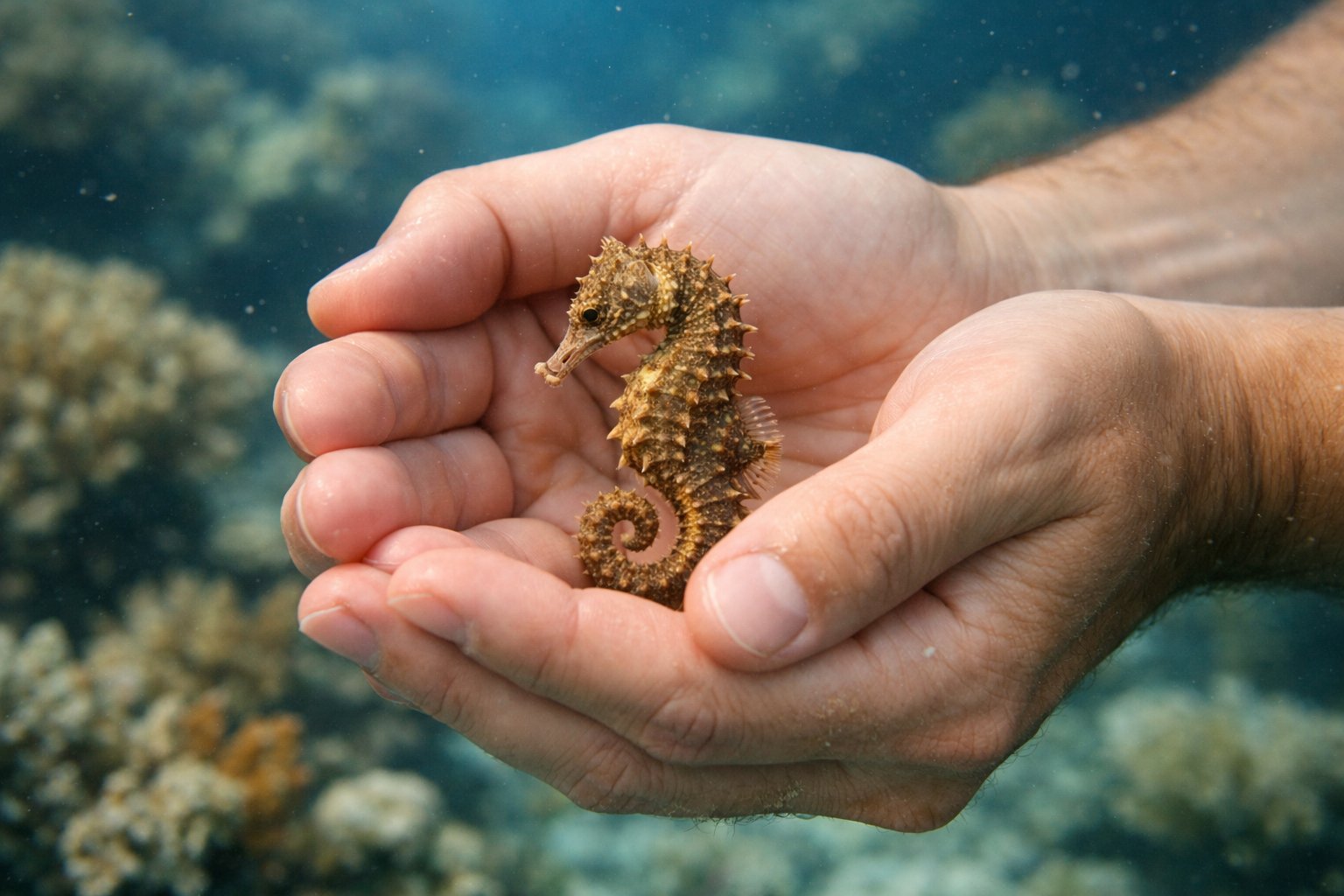A person gently holding a small seahorse underwater with coral and marine plants in the background.