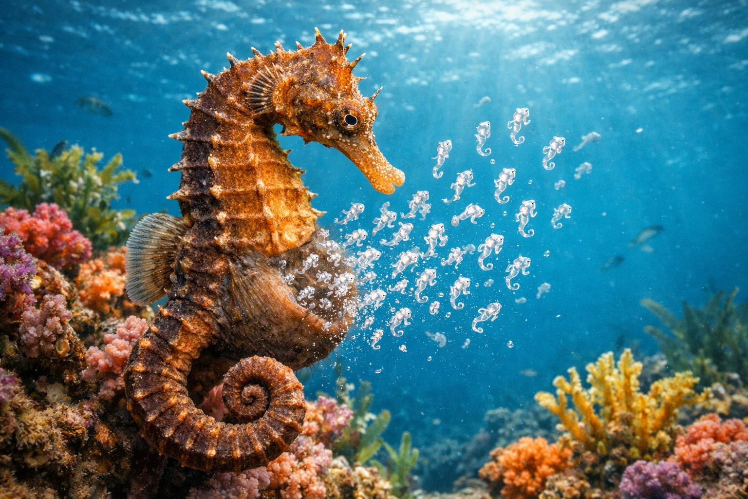 A male seahorse underwater releasing tiny baby seahorses near colorful coral reefs.
