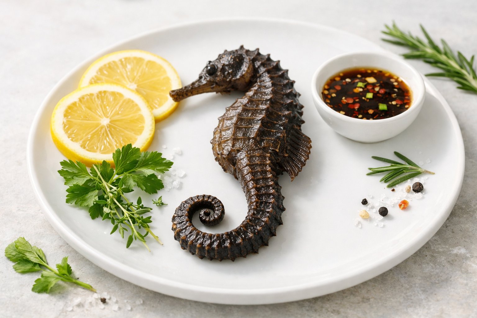 A fresh whole seahorse served on a white plate with lemon slices and herbs.