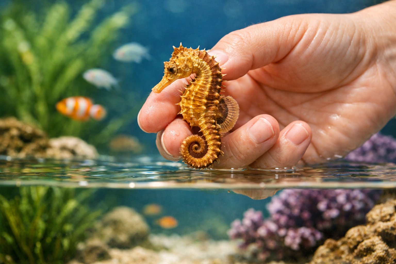 A person gently holding a small seahorse above clear aquarium water with aquatic plants and fish in the background.
