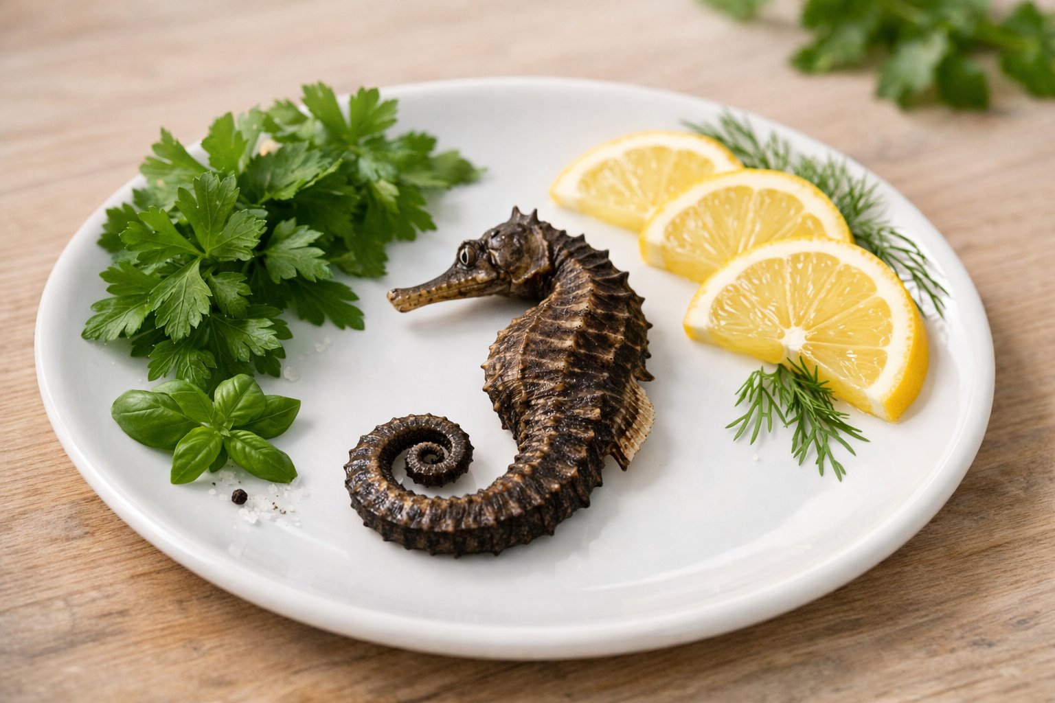 A fresh whole seahorse on a white plate with herbs and lemon slices on a wooden table.