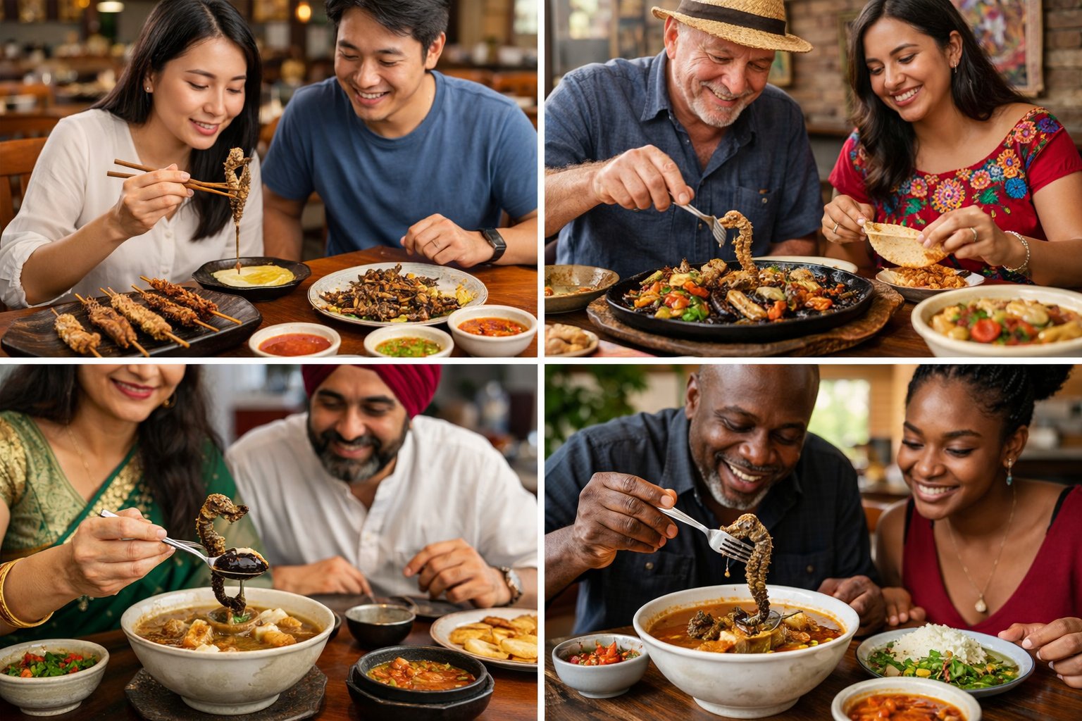 People from different cultures eating seahorse dishes in various traditional dining settings.