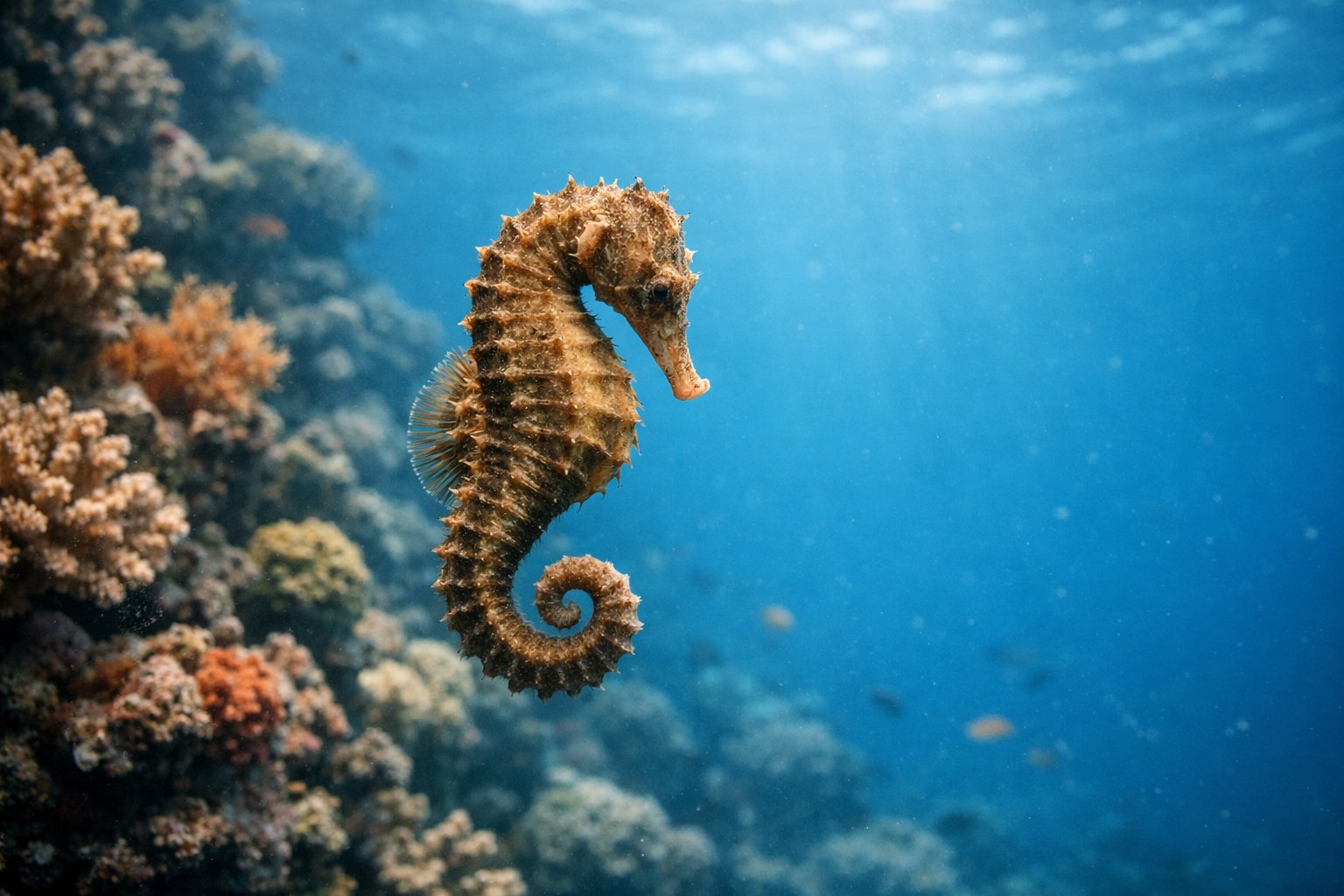 A single seahorse floating near a coral reef underwater, appearing calm and solitary.