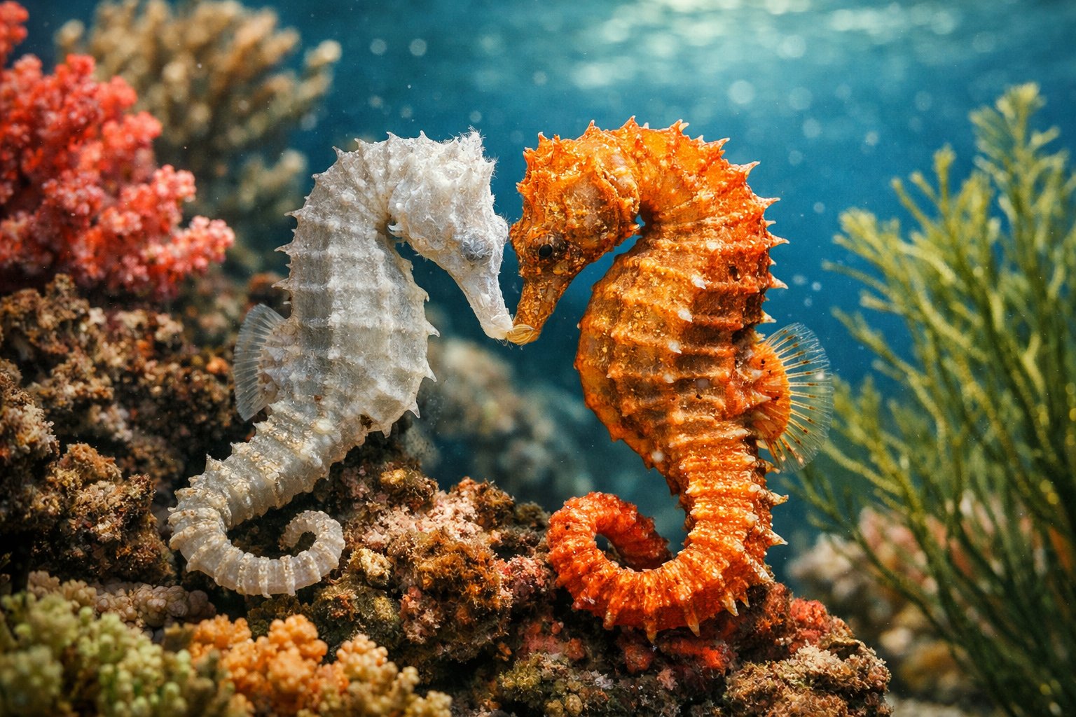 Two seahorses underwater near coral, one appearing inactive while the other stays close.