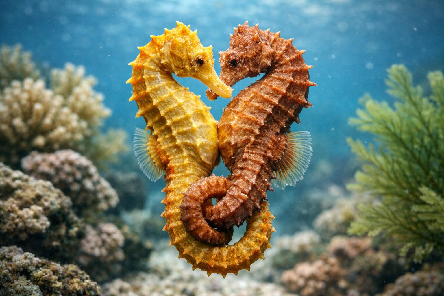 Two seahorses underwater gently entwined around each other among coral and marine plants.