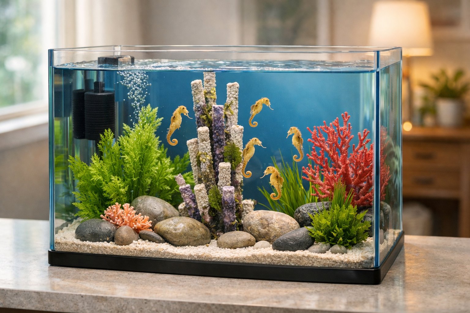 A home aquarium with seahorses swimming among aquatic plants and coral in a well-lit room.