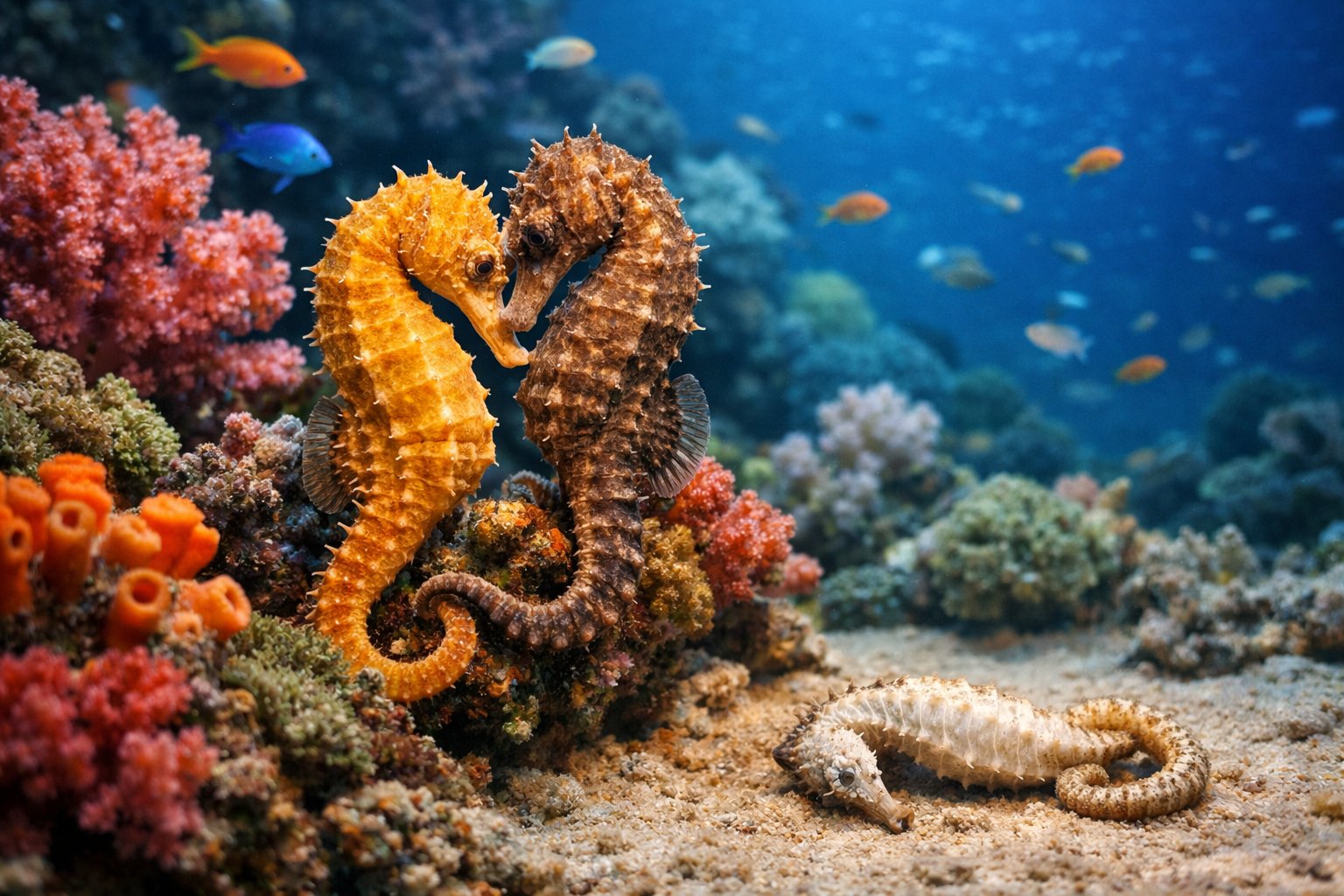 Two seahorses underwater near colorful coral, one appearing still while the other touches it gently.