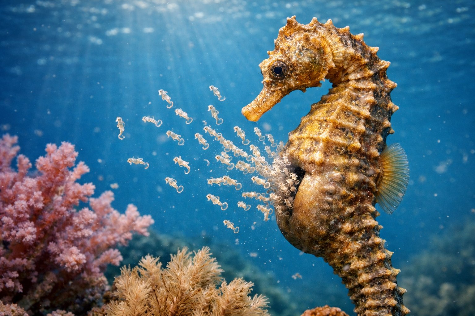 A male seahorse underwater releasing tiny baby seahorses into the ocean surrounded by coral.