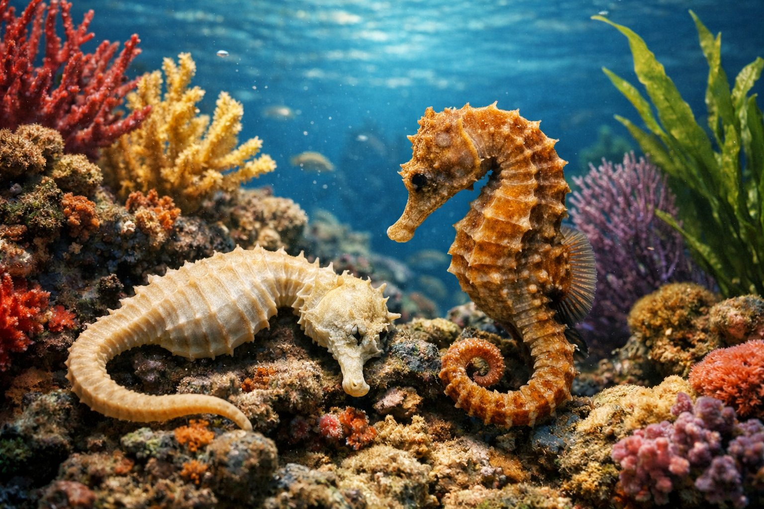Two seahorses underwater near coral, one seahorse appears lifeless while the other stays close by.