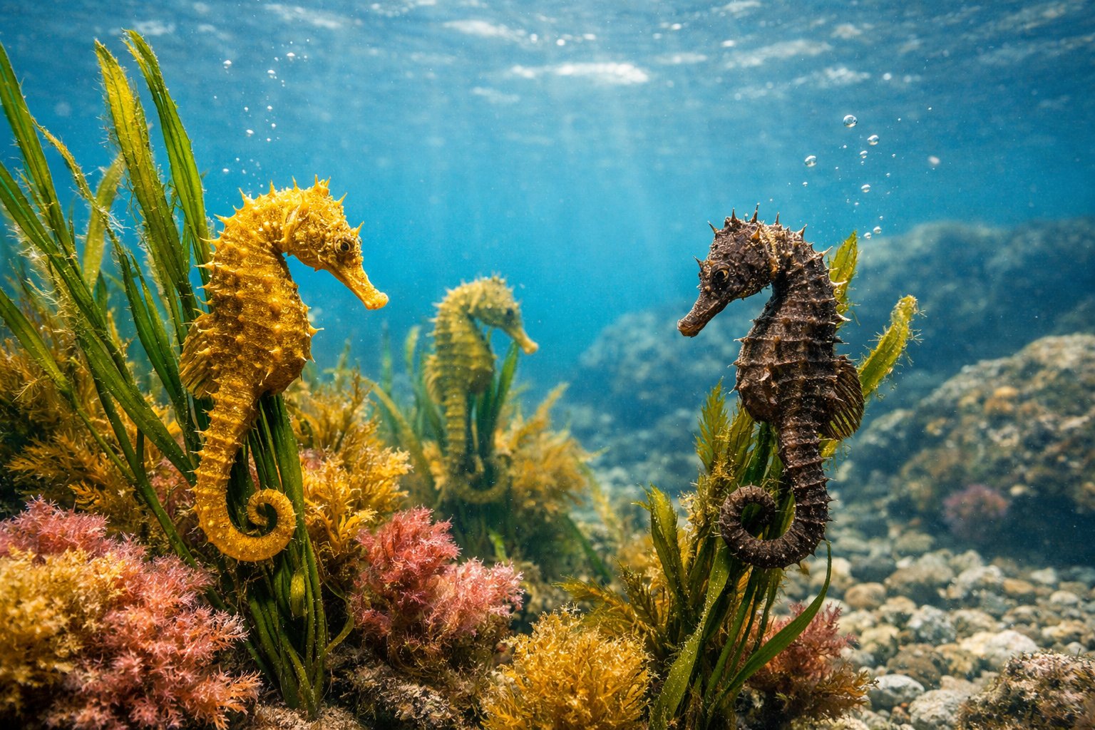 Underwater scene with seahorses clinging to seaweed in clear coastal water.