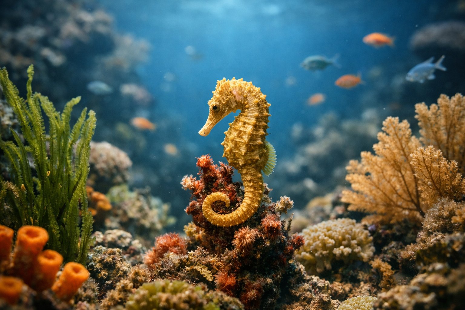 A lone seahorse clinging to coral in a colorful underwater reef surrounded by marine plants and small fish.