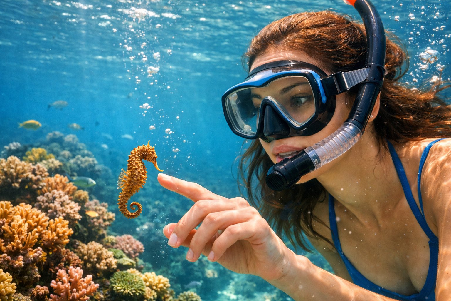 A woman snorkeling underwater gently reaching out to touch a small seahorse near colorful coral.