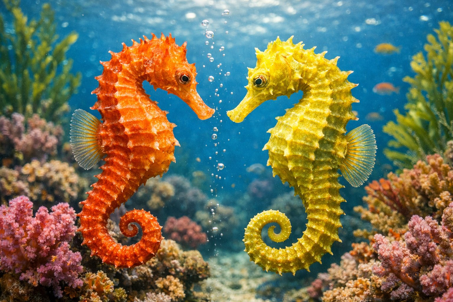 Two seahorses floating near a colorful coral reef underwater.