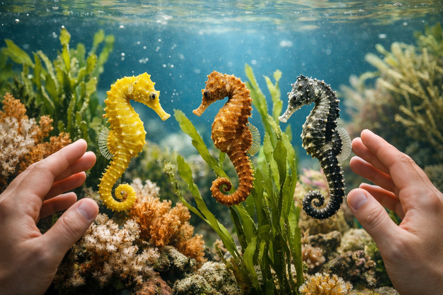 A person observing seahorses underwater without touching them, surrounded by seaweed and coral.
