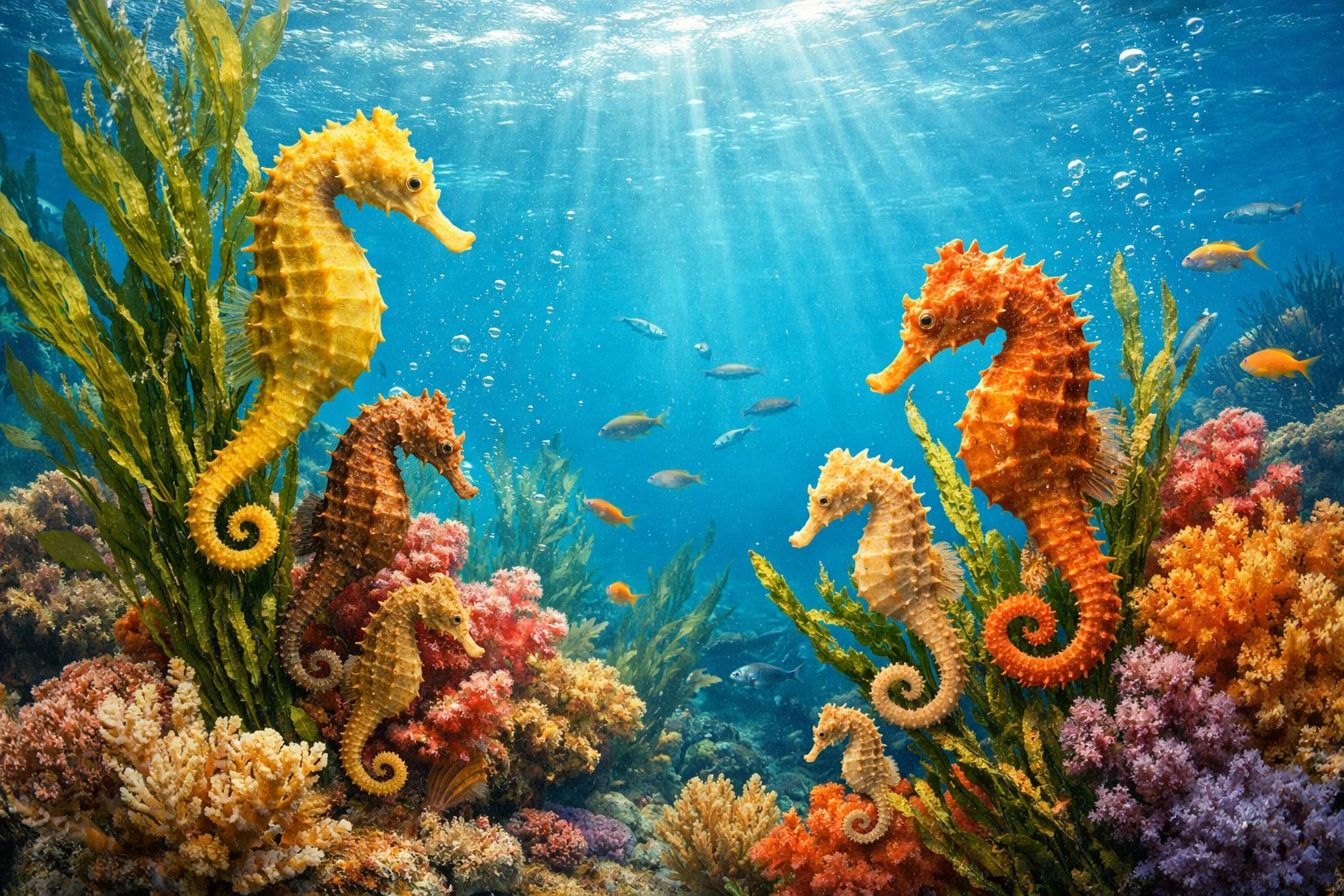 Several seahorses clinging to seaweed and coral underwater in a clear blue ocean environment.