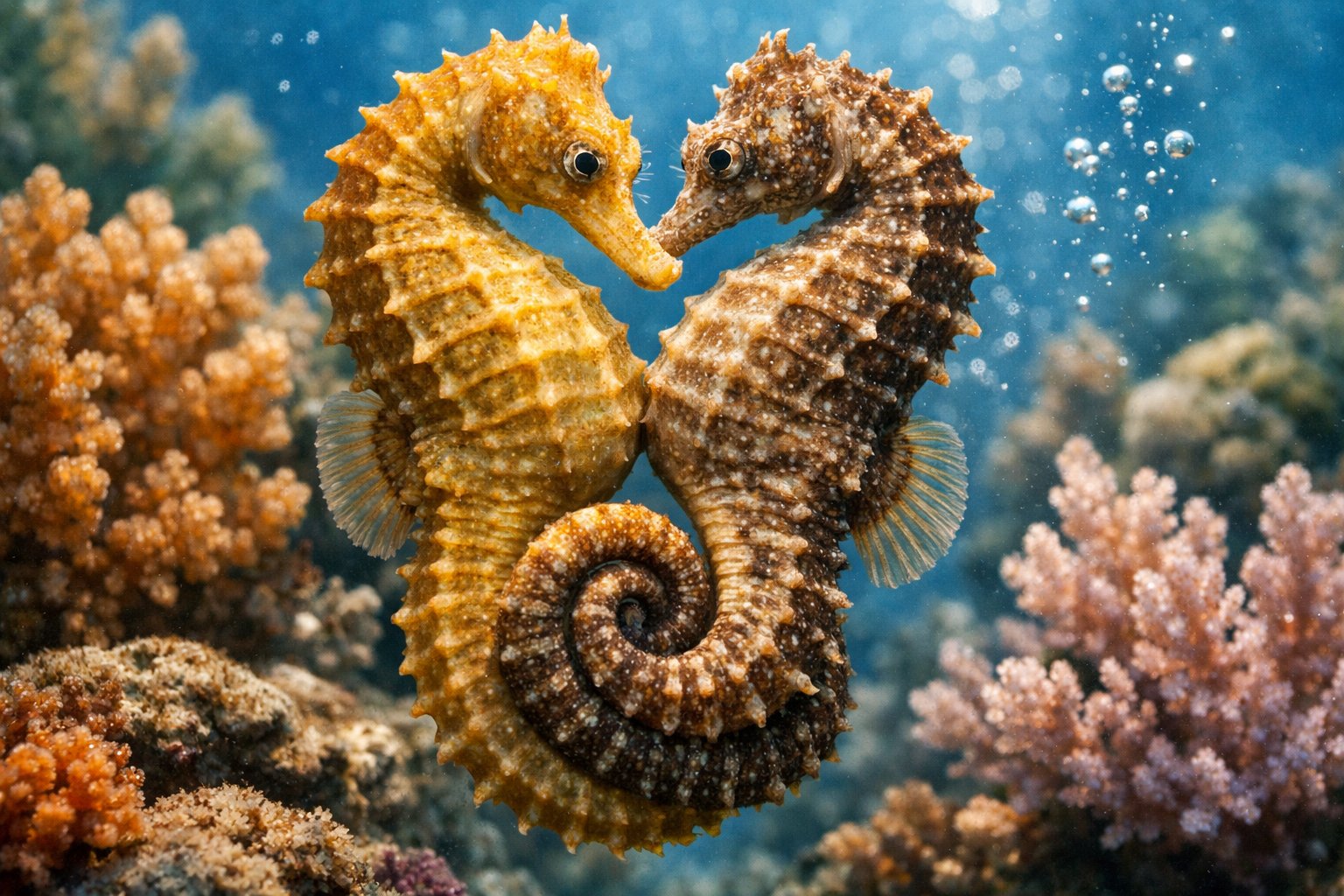 Two seahorses intertwined underwater near colorful coral.