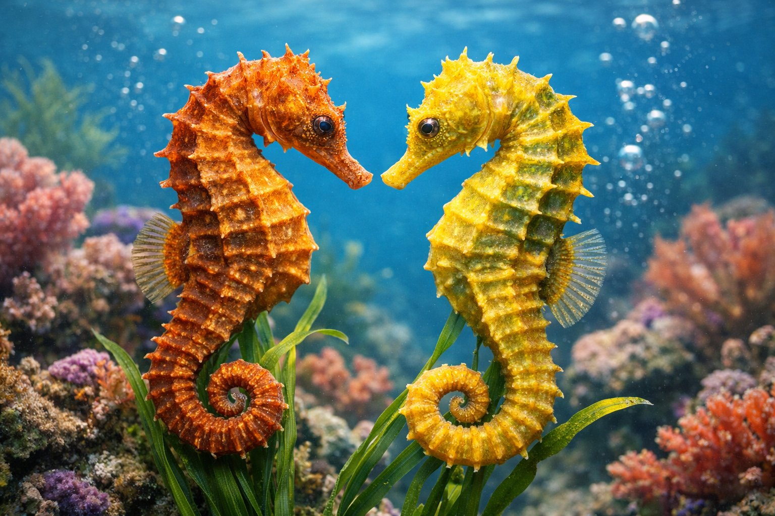Two seahorses facing each other underwater among coral and seaweed.