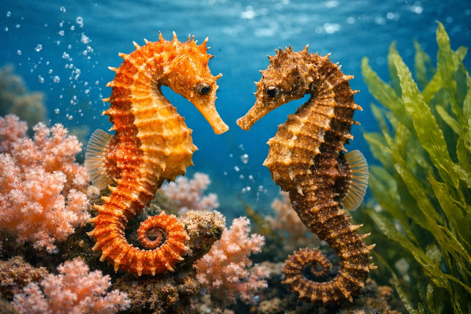 Two seahorses interacting underwater among coral and seaweed in a natural ocean environment.