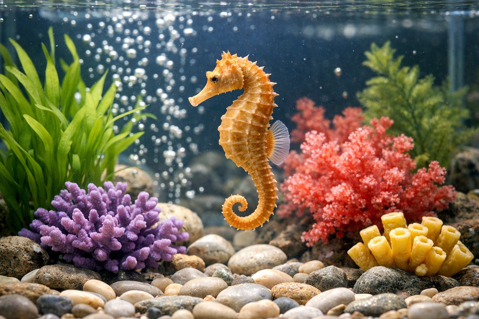 A seahorse swimming in a clean home aquarium with plants and coral.