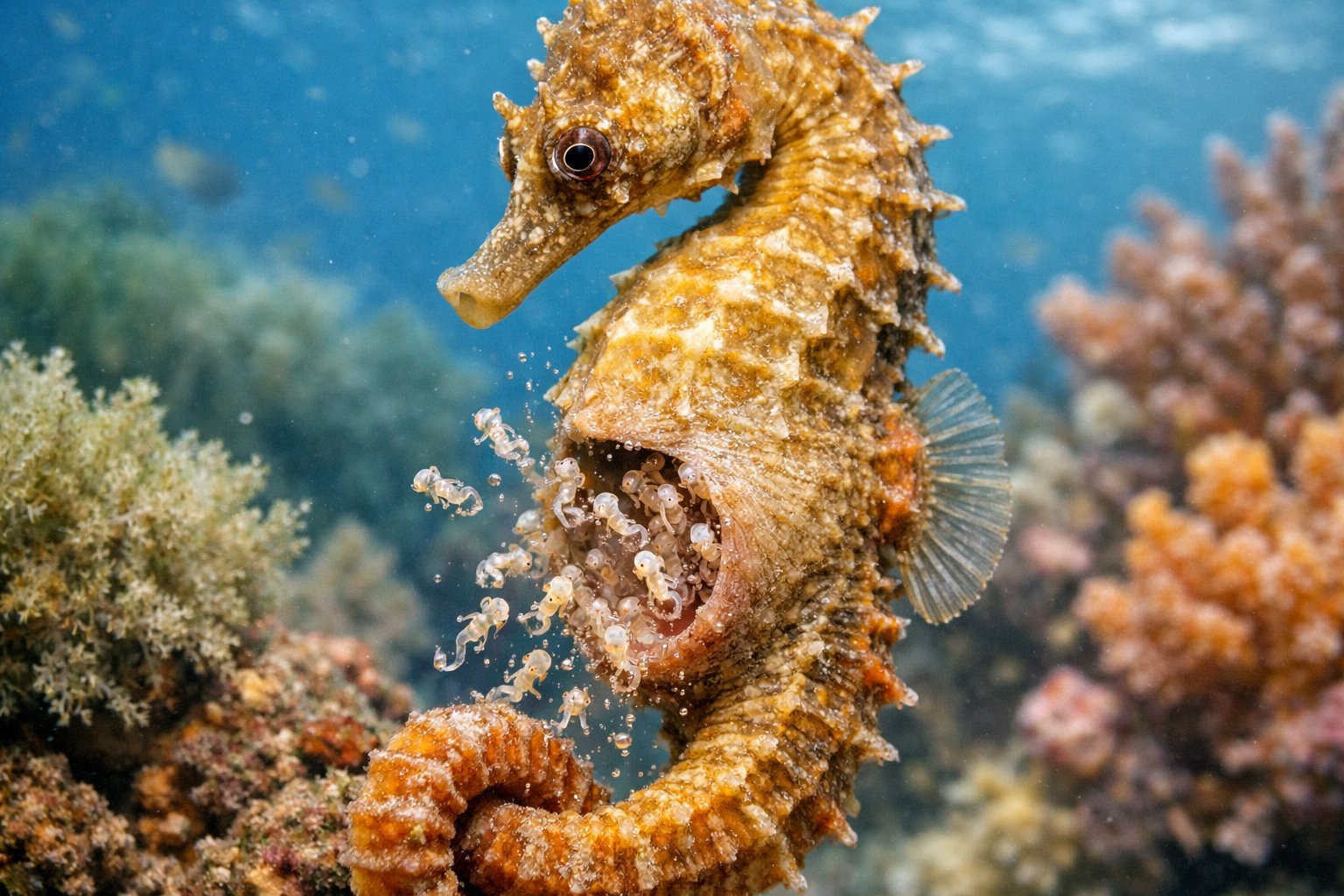 A male seahorse underwater giving birth to tiny baby seahorses from its pouch near a coral reef.