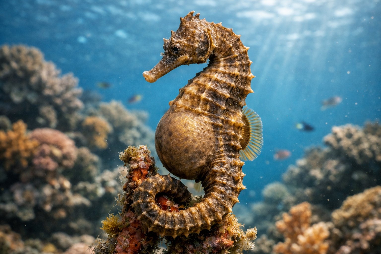A male seahorse underwater with its tail wrapped around coral, showing its brood pouch in a coral reef environment.