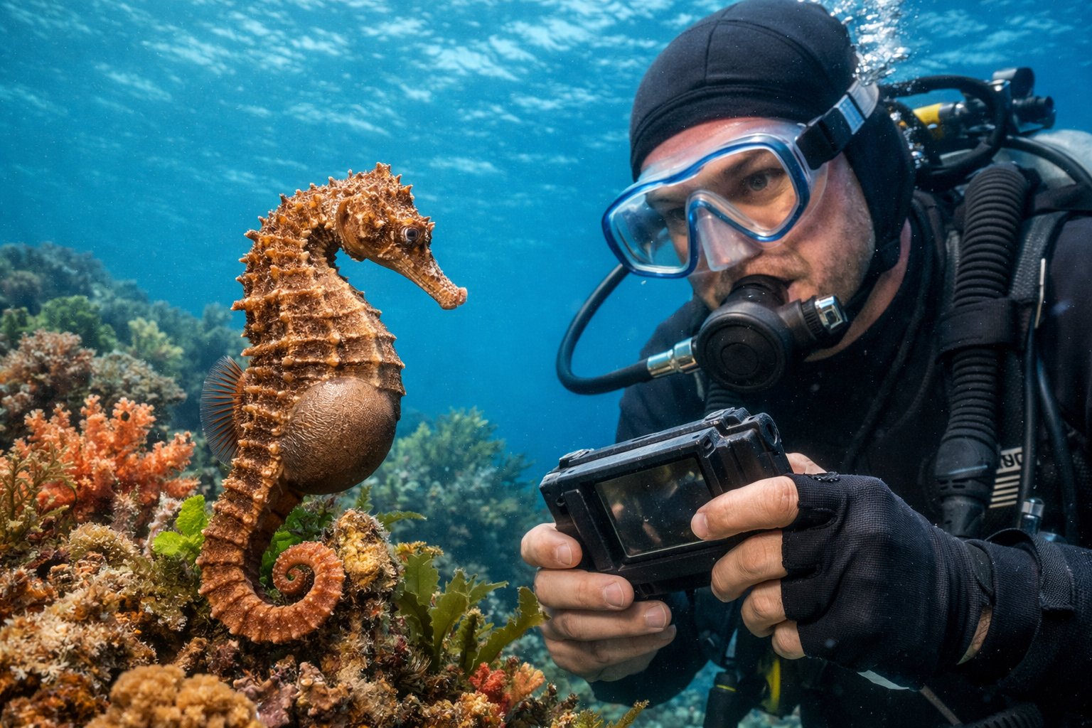 A scientist underwater observing a male seahorse with a visible brood pouch among coral reefs.