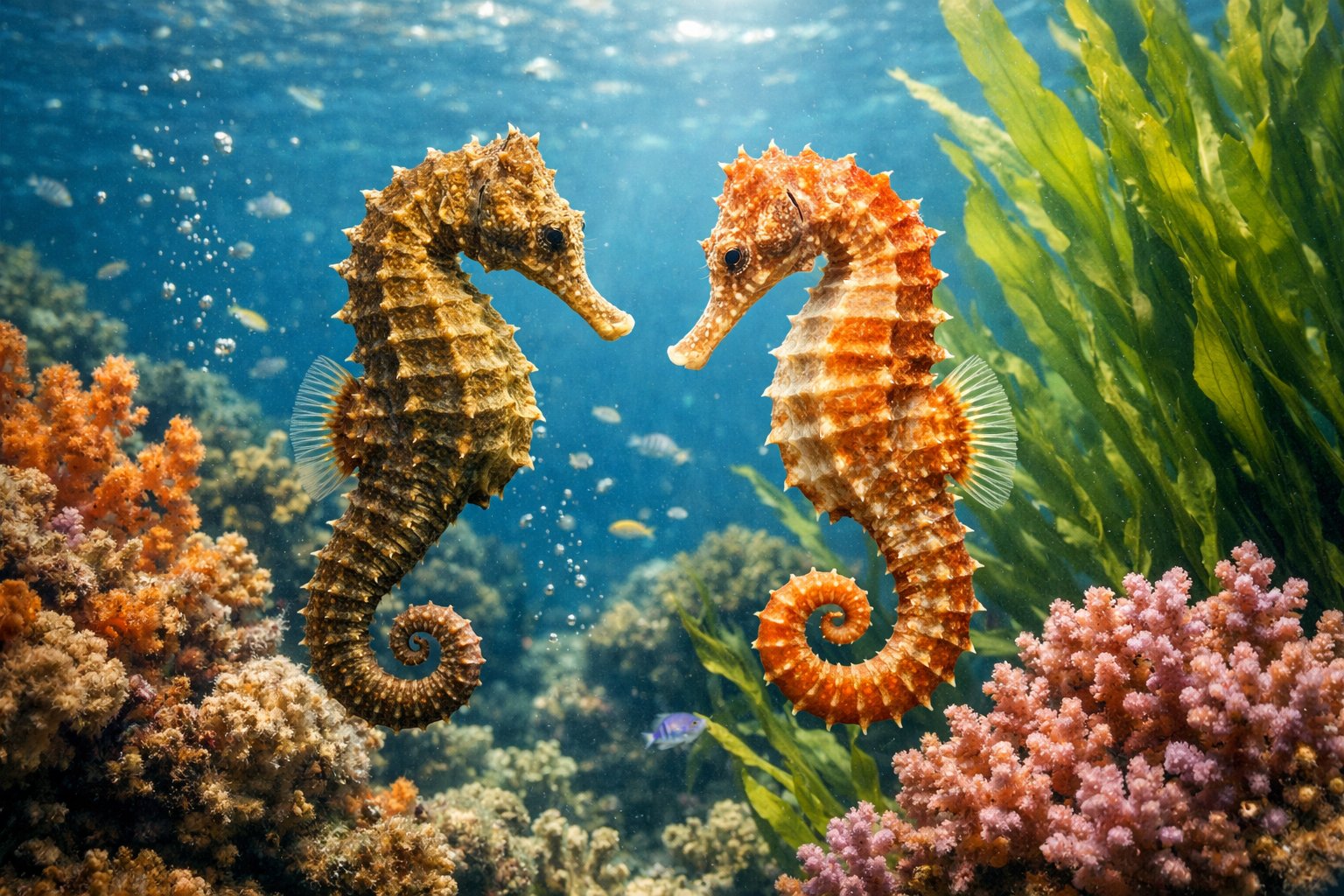Two seahorses swimming near coral reefs and seaweed underwater.
