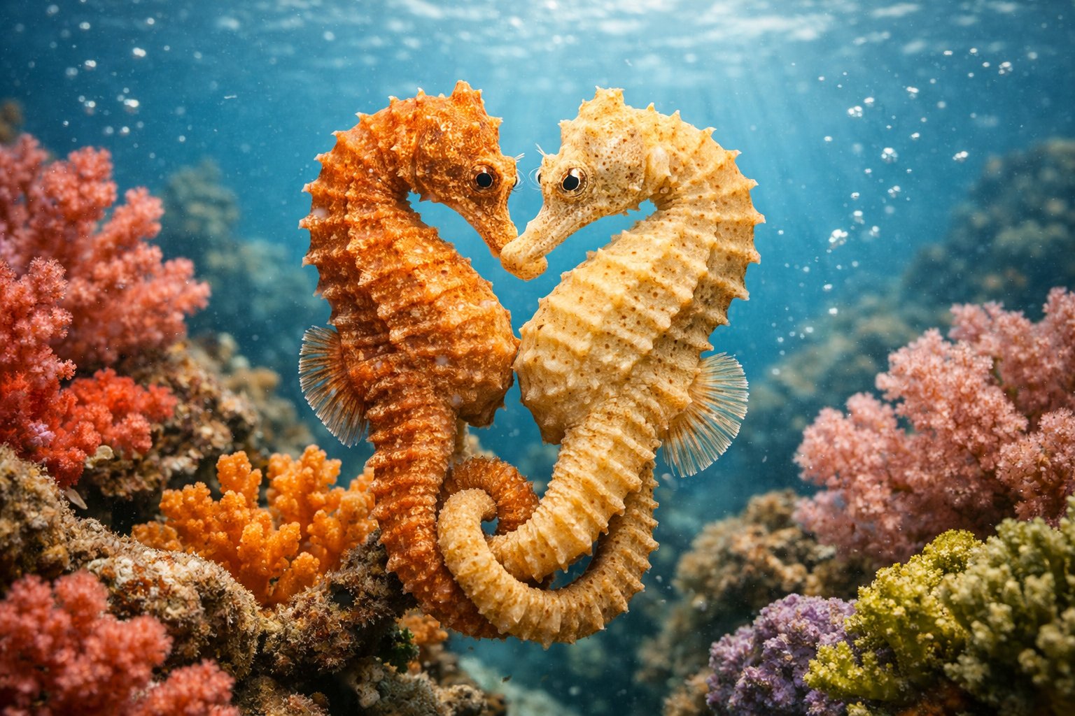 Two seahorses entwined together underwater near colorful coral.