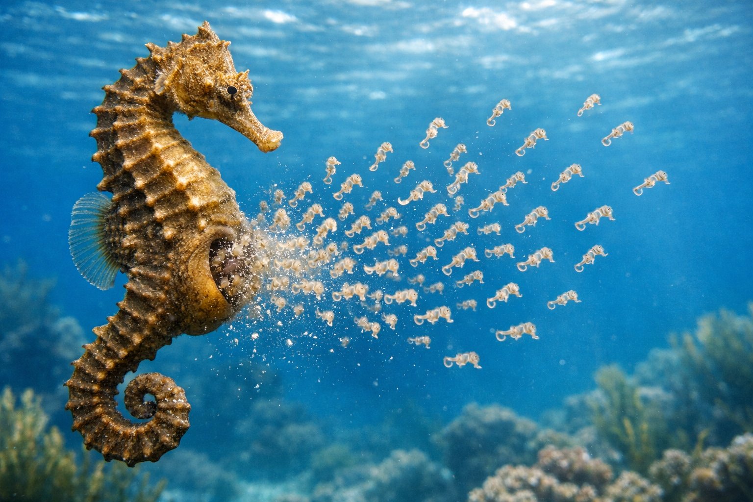 A male seahorse releasing many tiny baby seahorses into clear blue ocean water.