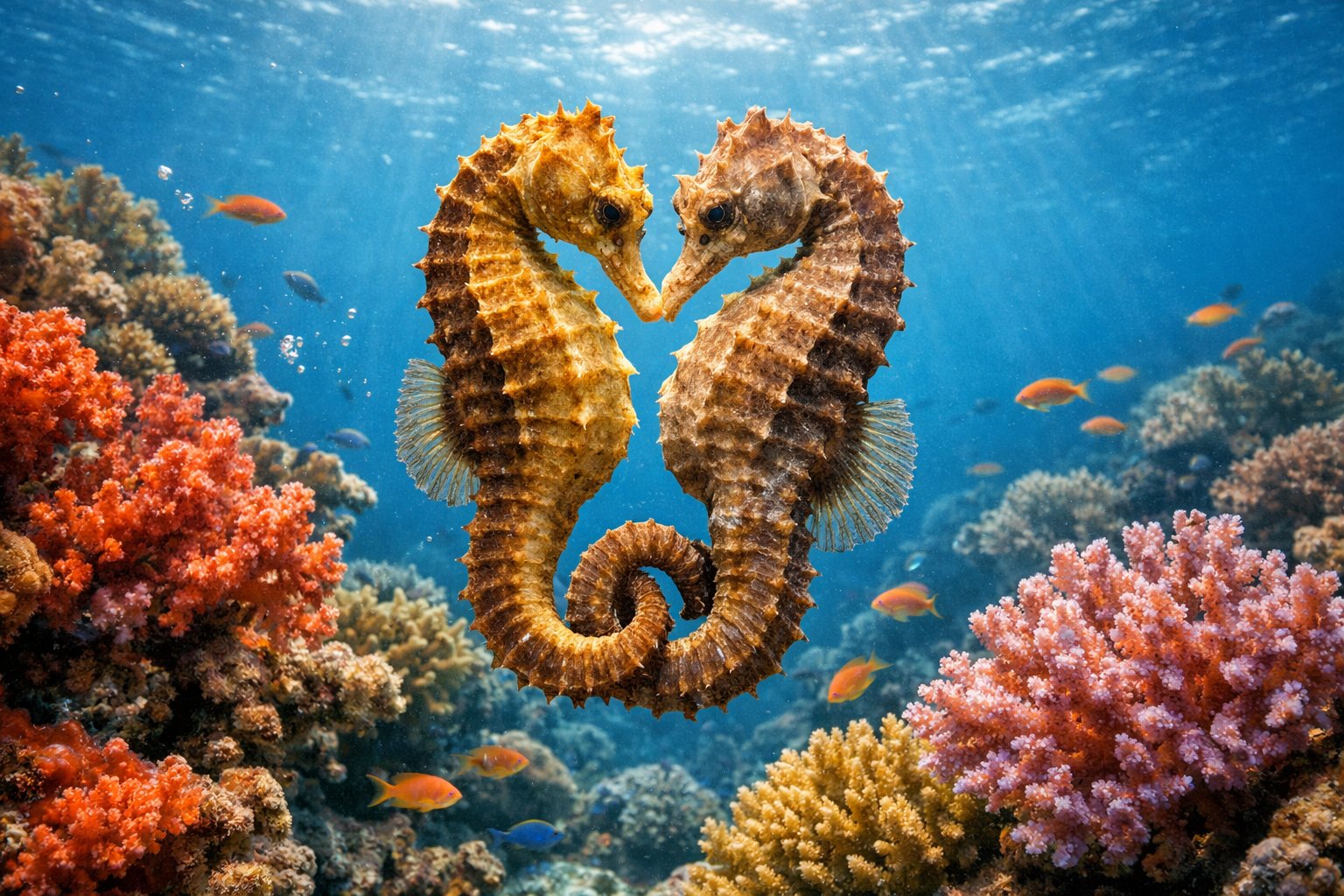 Two seahorses swimming closely together near colorful coral reefs underwater.