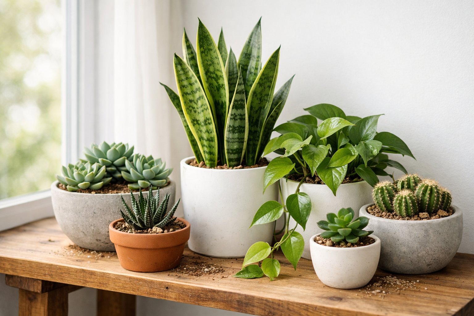 Various healthy neglect-tolerant plants like succulents and snake plants arranged on a wooden shelf near a window with natural light.