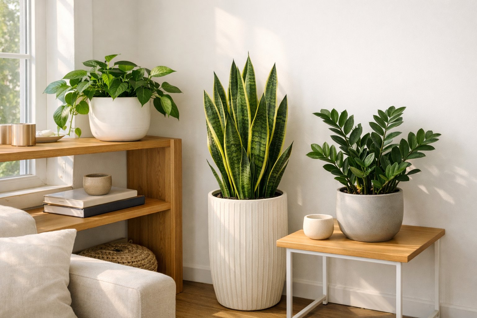 Indoor living space with several healthy low-maintenance houseplants arranged on shelves and tables near large windows.