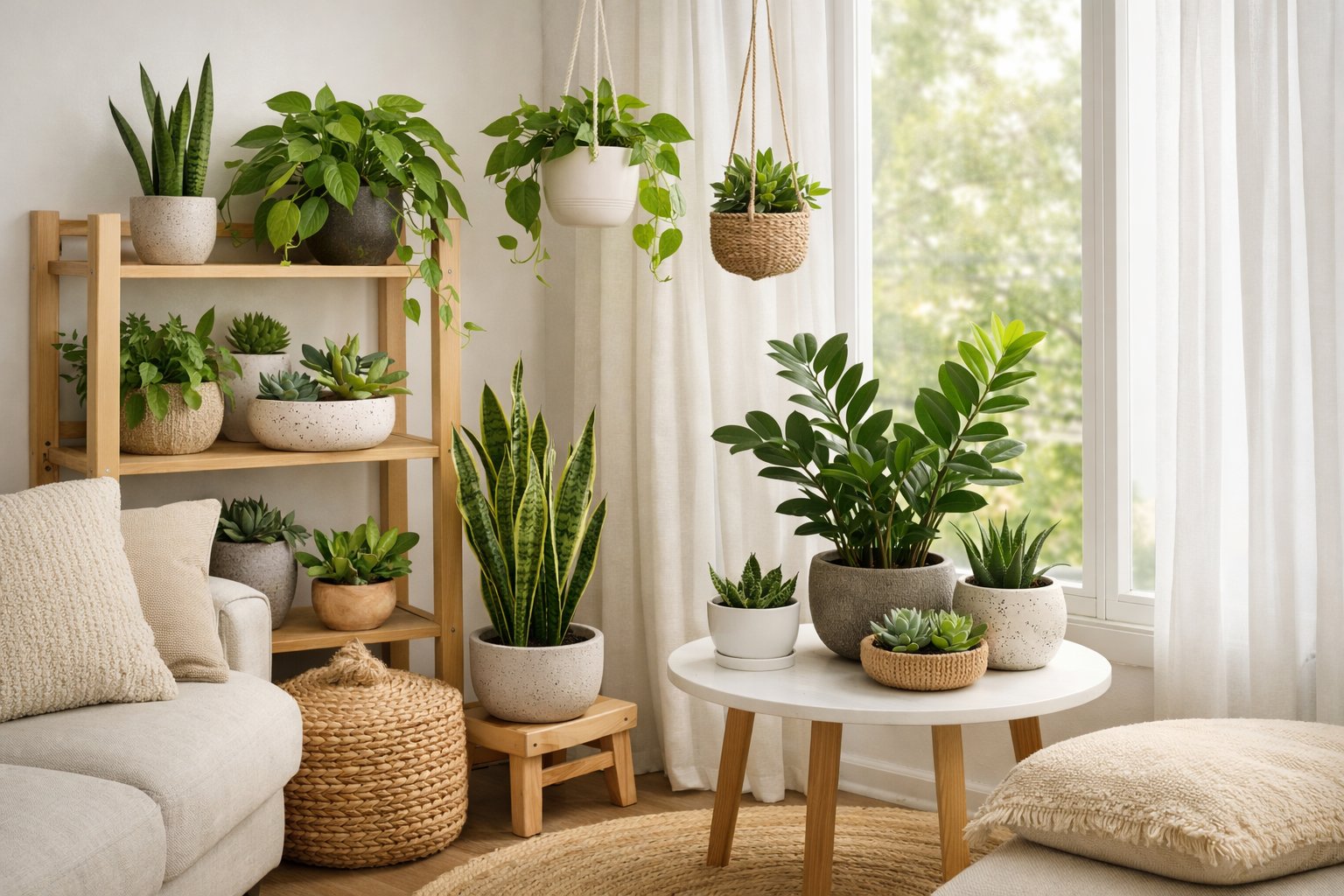 Indoor living space with various healthy low-maintenance houseplants arranged near a sunlit window.