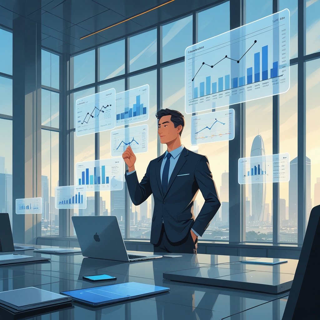 A person in a modern office thoughtfully analyzing multiple floating digital screens with charts and data, with a cityscape visible through large windows.