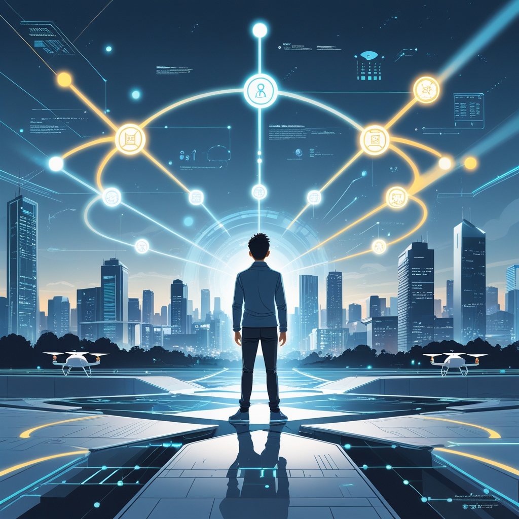 A person standing at a crossroads with glowing pathways and floating data symbols, set against a futuristic cityscape.