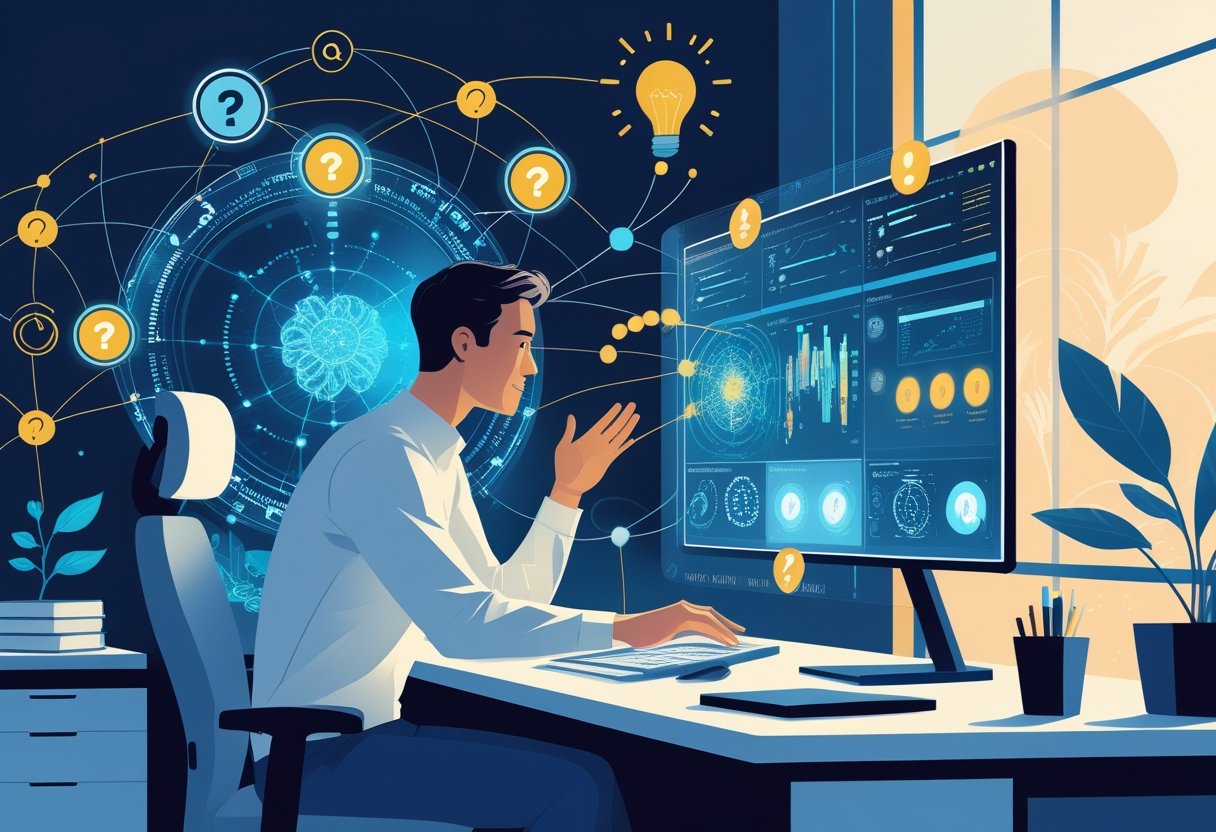 A person thoughtfully interacting with holographic AI data and neural network patterns in an office setting.