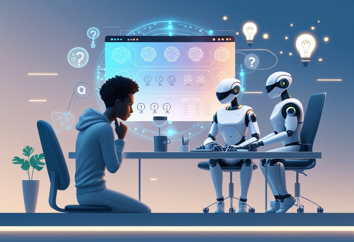 A person thoughtfully interacting with holographic AI symbols and futuristic robots in a modern workspace, symbolizing critical thinking about AI agents.