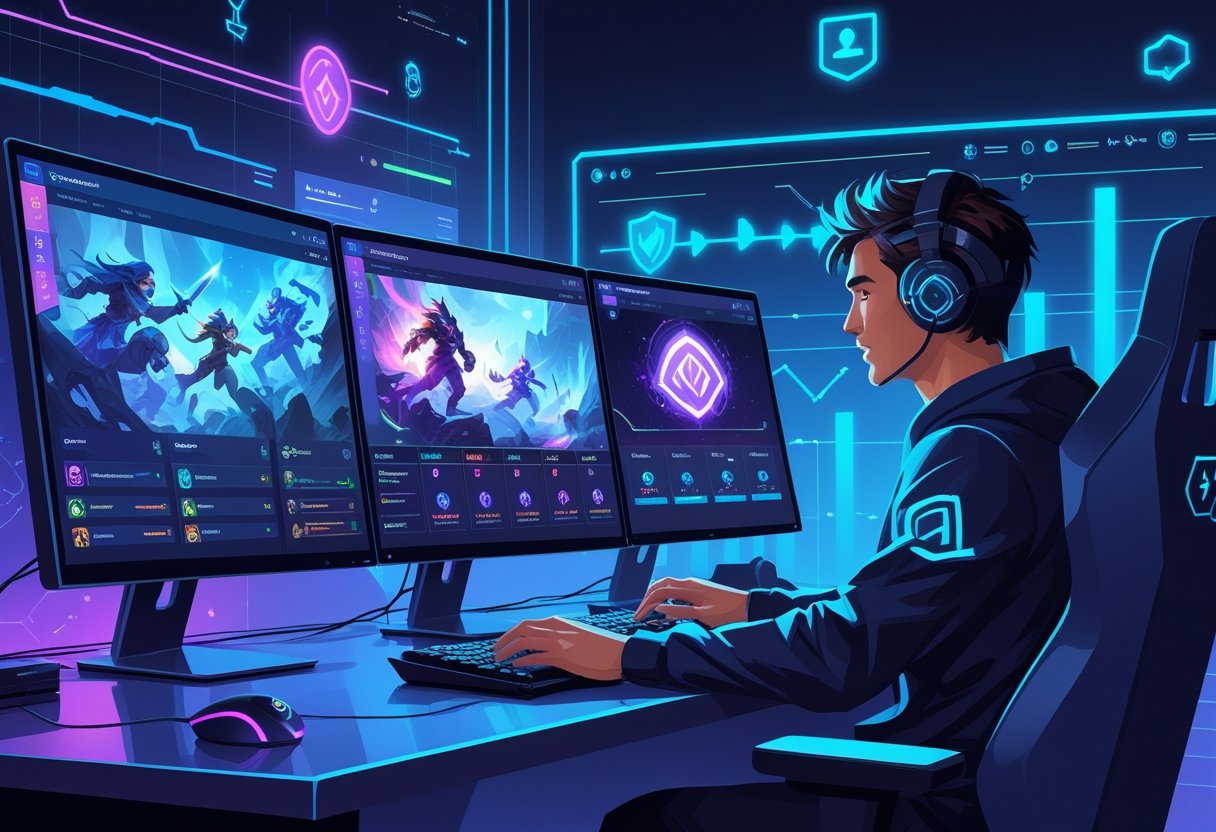 A gamer using a futuristic computer setup with multiple screens showing League of Legends gameplay and account details in a high-tech digital marketplace.