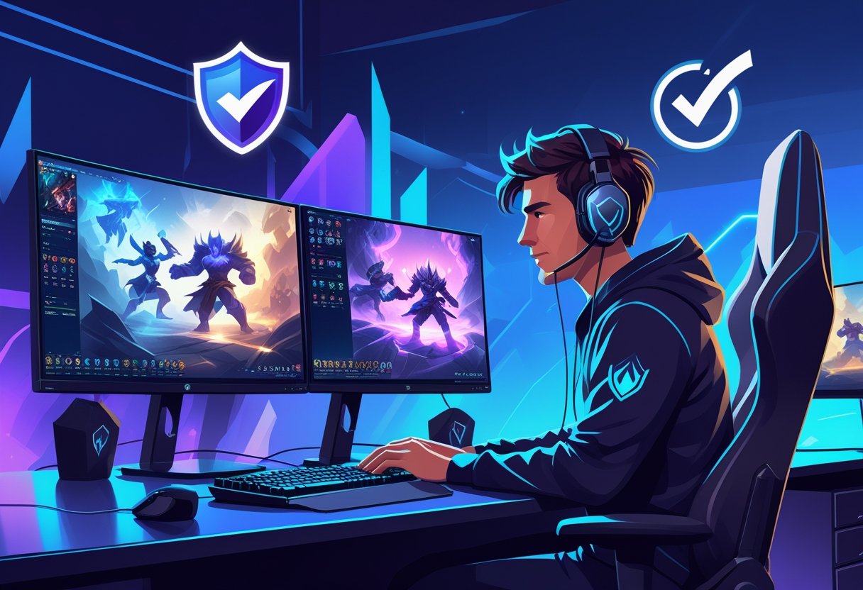 A gamer focused at a modern gaming setup with multiple monitors showing League of Legends gameplay, surrounded by symbols of security and trust.
