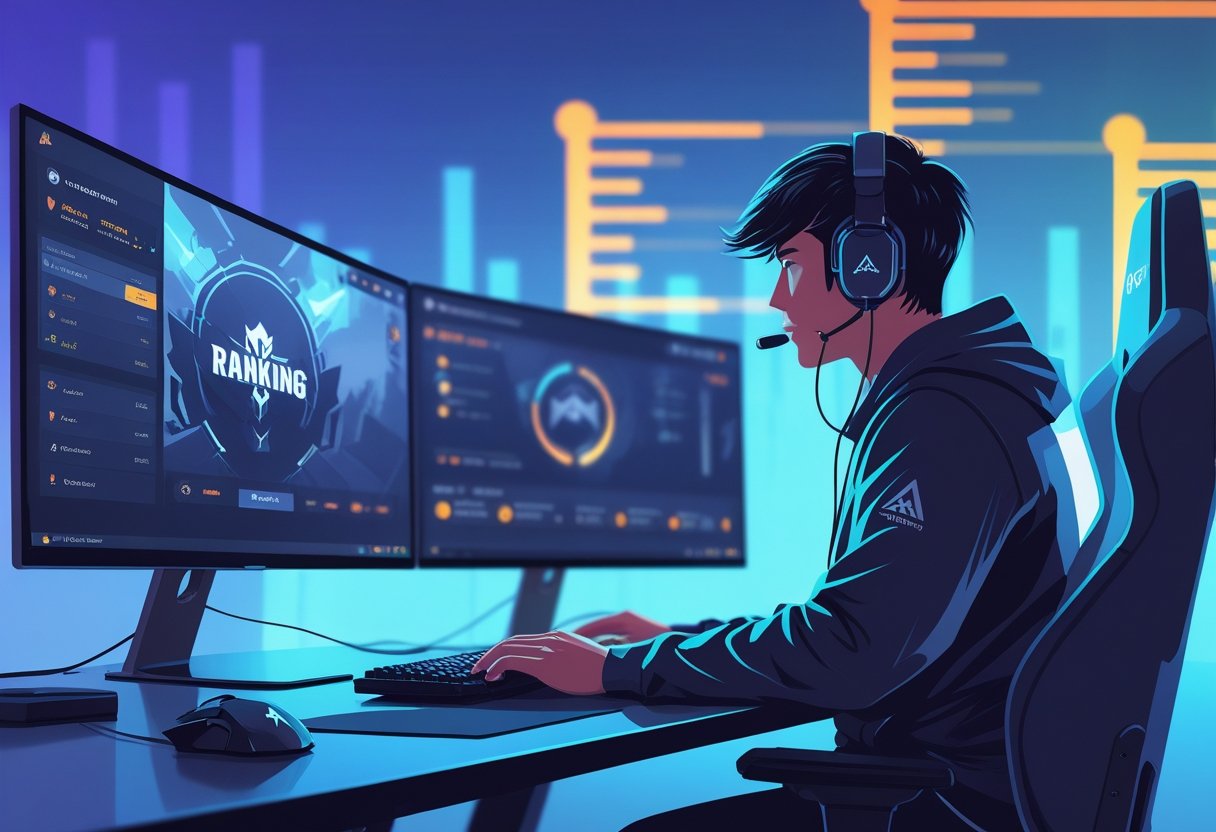 A focused gamer sitting at a desk with multiple monitors showing a game interface and a glowing ranking ladder in the background.