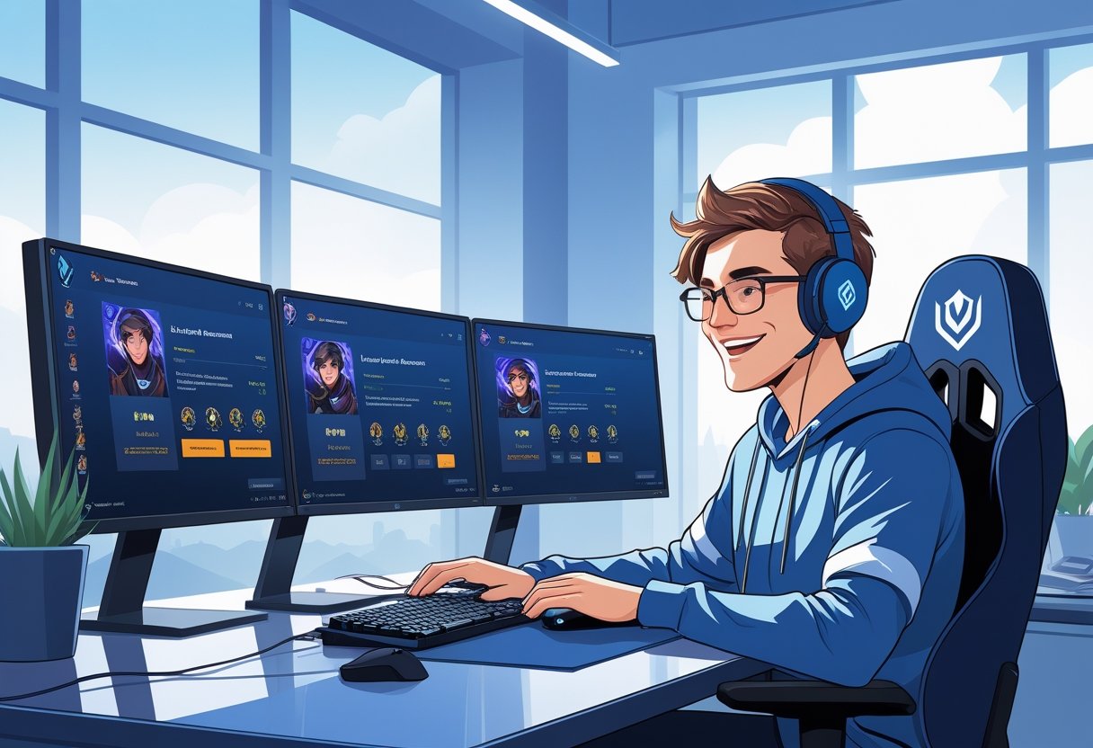 A gamer at a computer desk looking satisfied while viewing ranked game profiles on multiple monitors in a modern office setting.